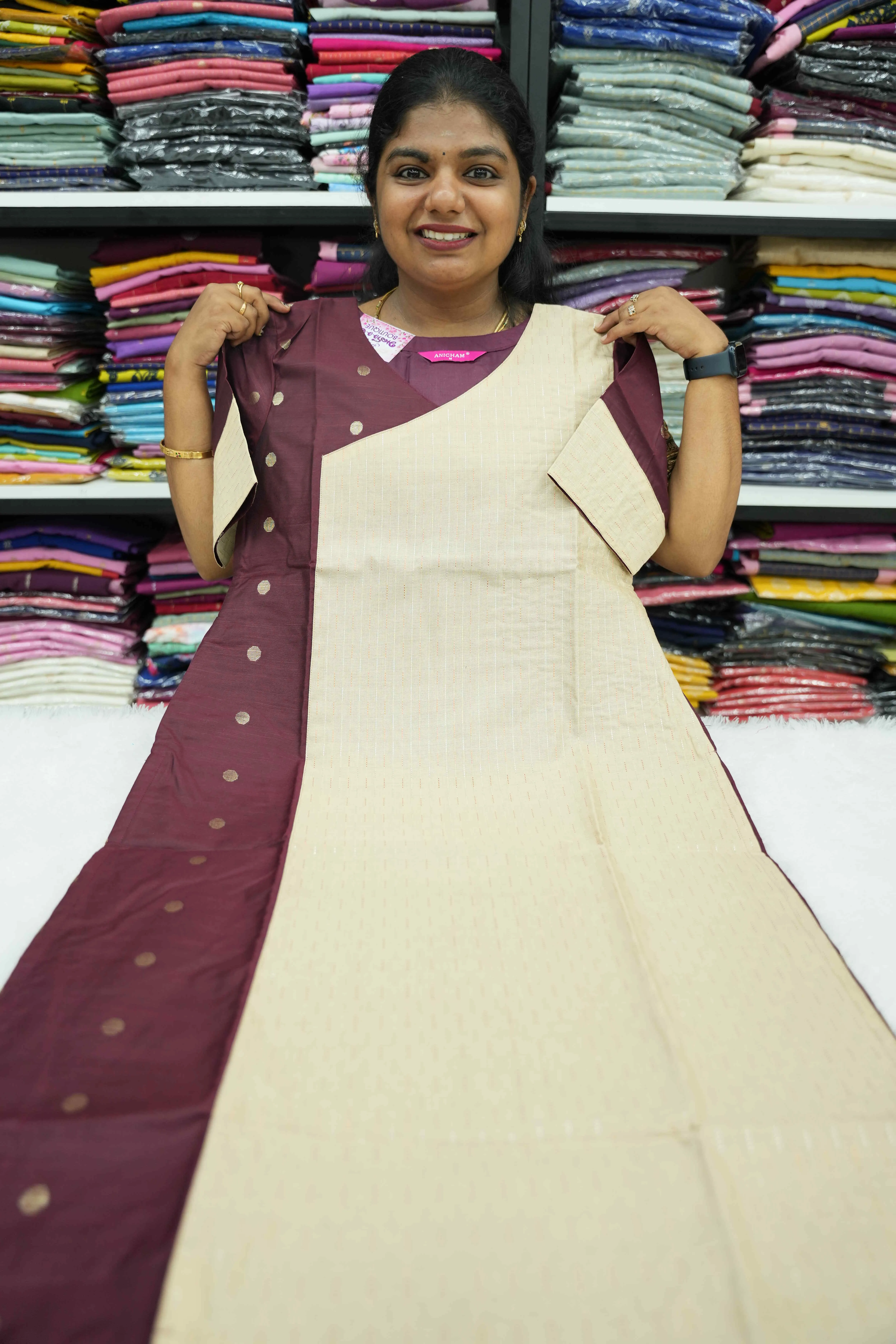 Biscuit With Maroon Kurti Set