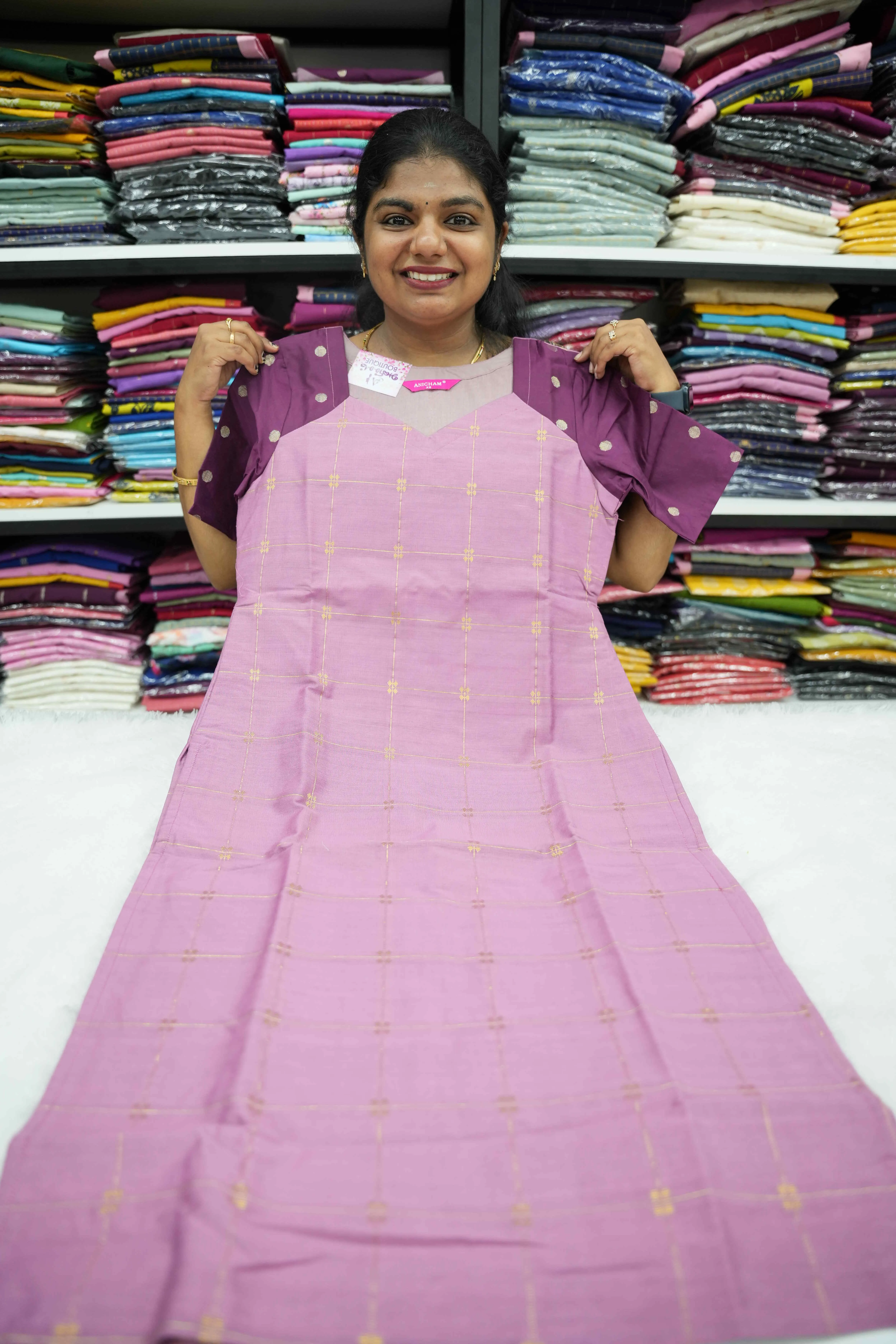 Lavender Checks Wine Kurti Set