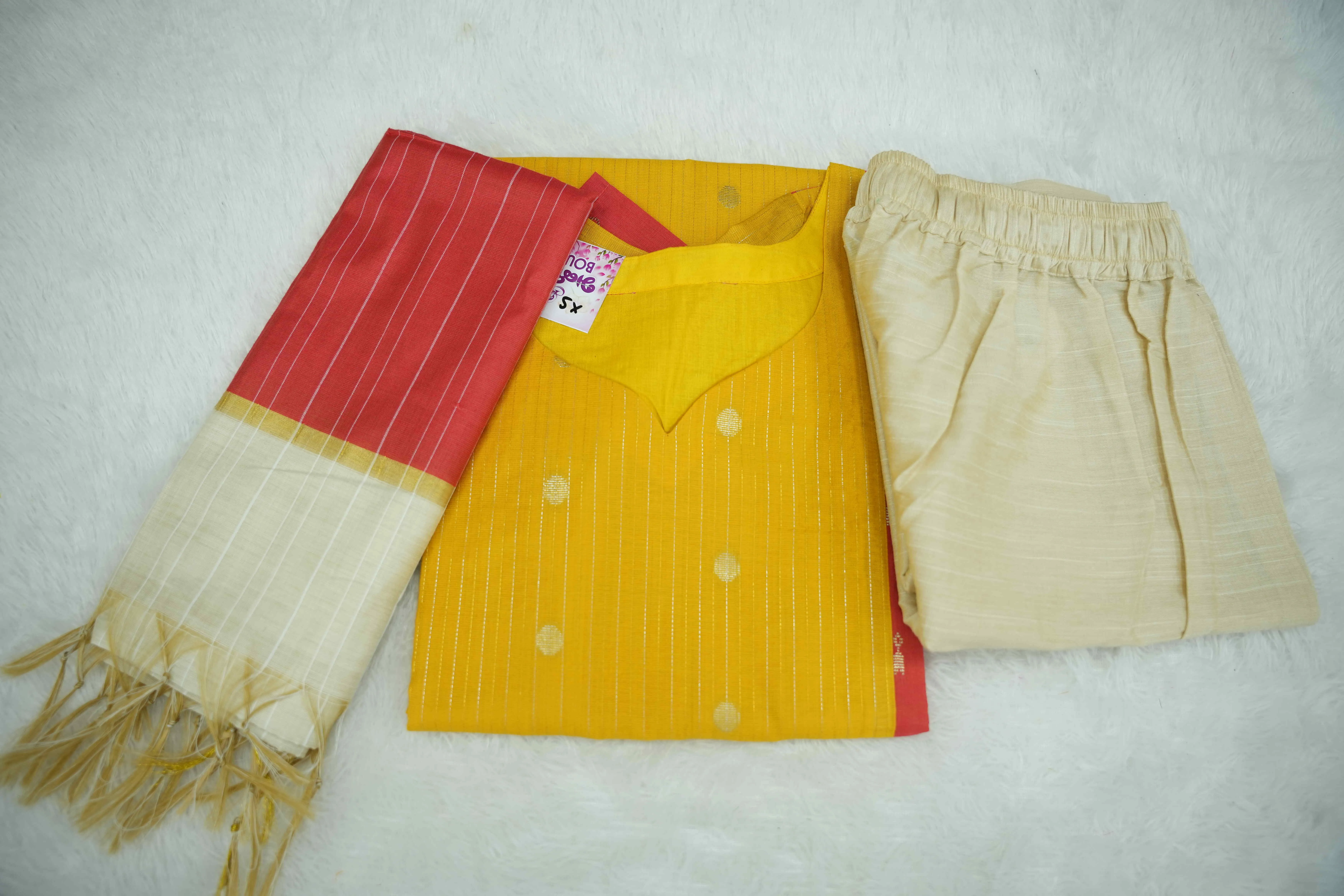 Yellow With Rust Orange Kurti Set