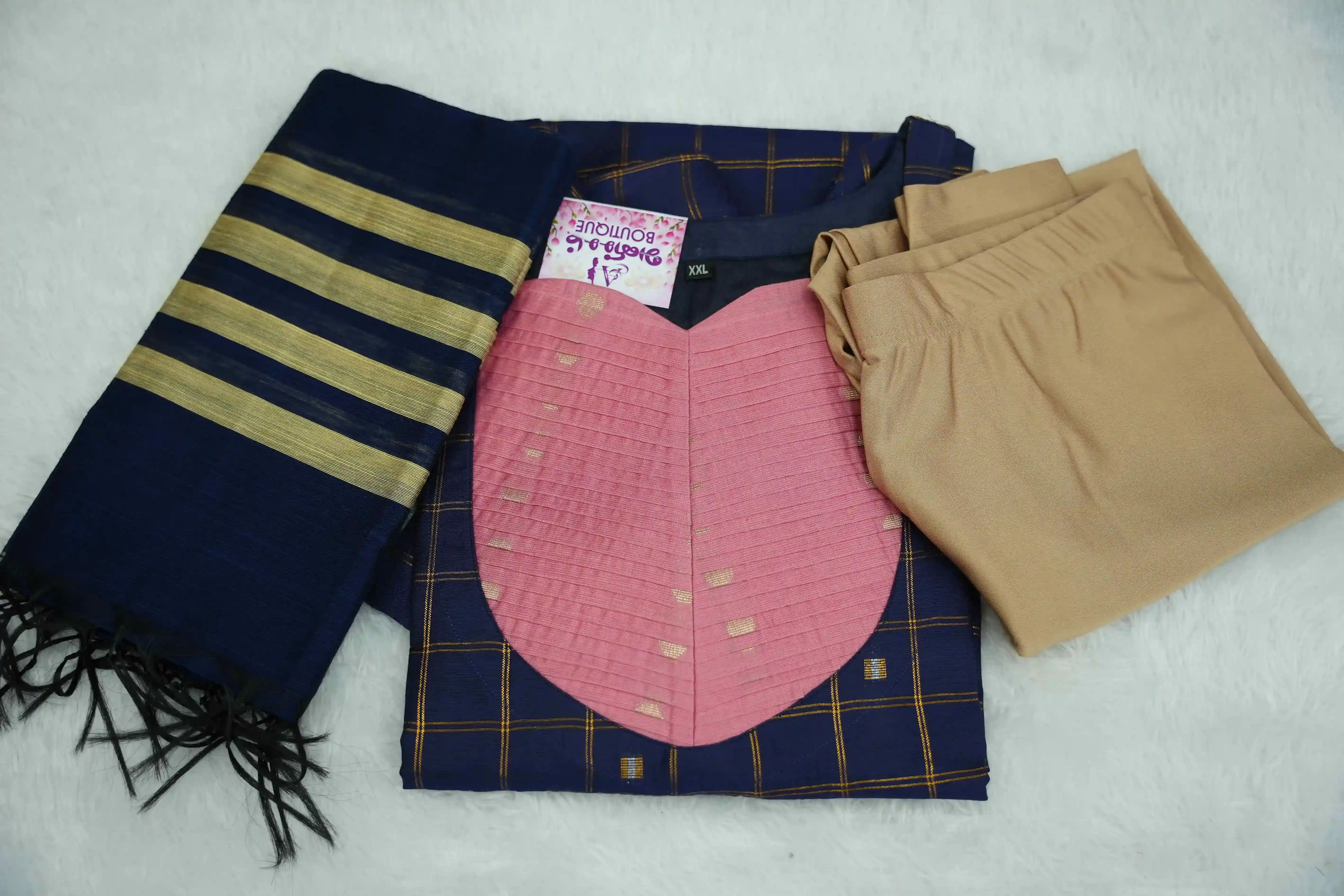 Navy Peach Pleated Set