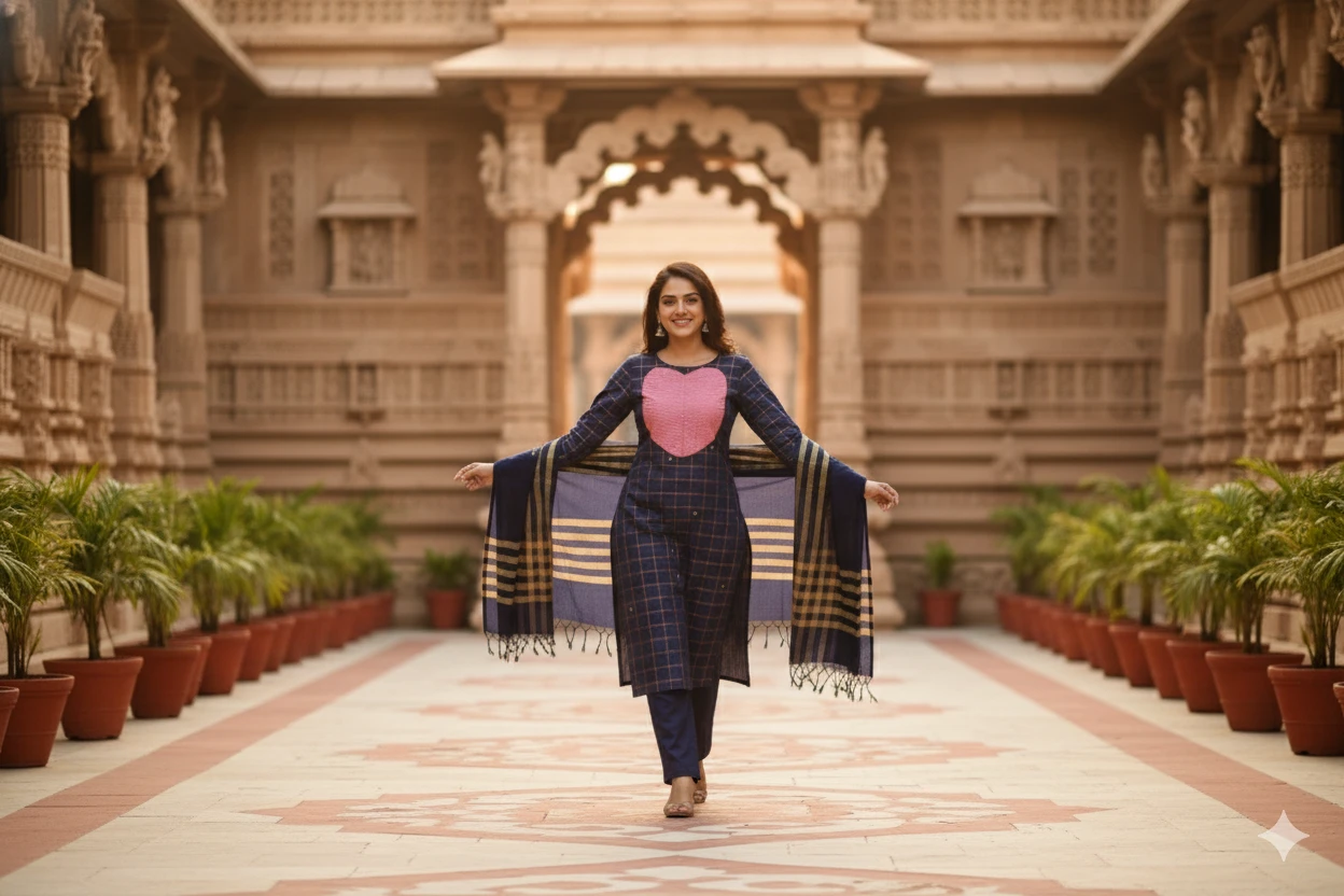 Navy Peach Pleated Set