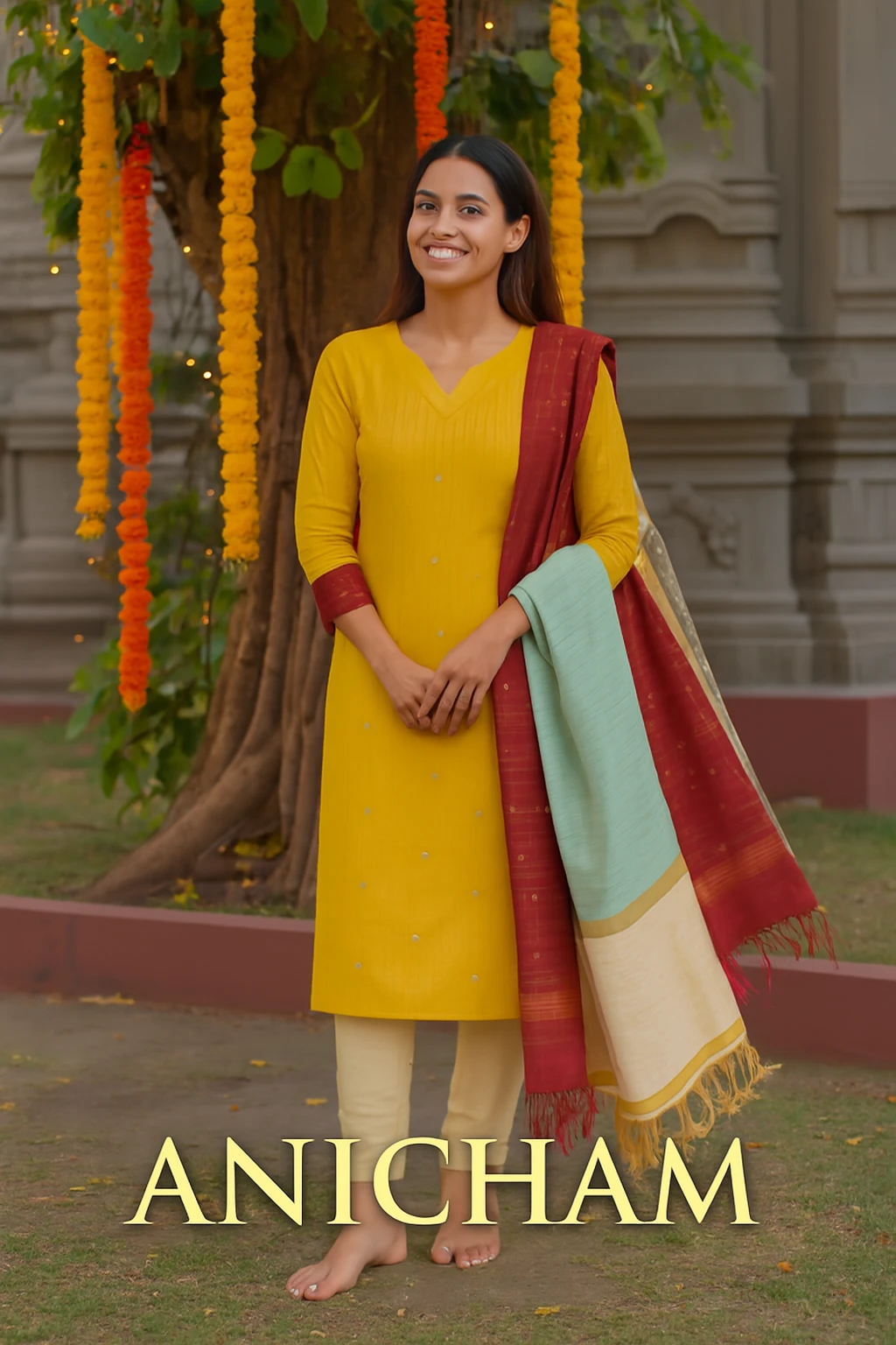 Yellow With Rust Orange Kurti Set